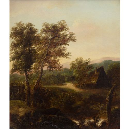 fig 1. Charles Greville Morris, Landscape With River, Cottage & Distant Hills, 19th Century Oil Painting