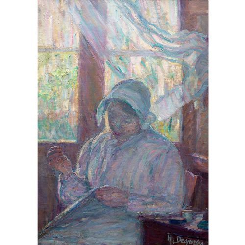 fig 1. Henriette Desportes, La Couture, Early 20th-Century Oil Painting, French Interior Scene