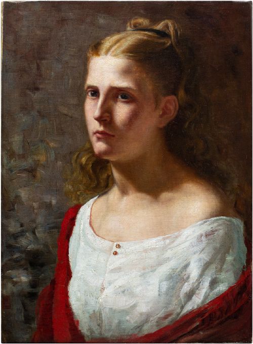 19th-century Danish School, Portrait of a Woman in a White Dress, Antique Portrait