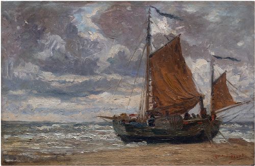 British School, Coastal Scene with Sailboat, Antique Oil Painting
