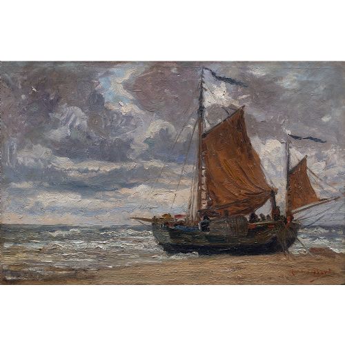 fig 1. British School, Coastal Scene With Sailboat, Antique Oil Painting