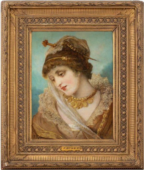 Franz Russ the Elder, Portrait of a Woman in Period Costume, 19th Century Antique Oil Painting