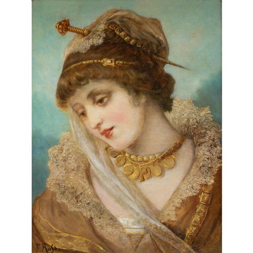 fig 1. Franz Russ The Elder, Portrait Of A Woman In Period Costume, 19th Century Antique Oil Painting