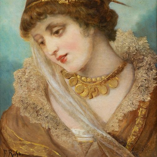 fig 3. Franz Russ The Elder, Portrait Of A Woman In Period Costume, 19th Century Antique Oil Painting