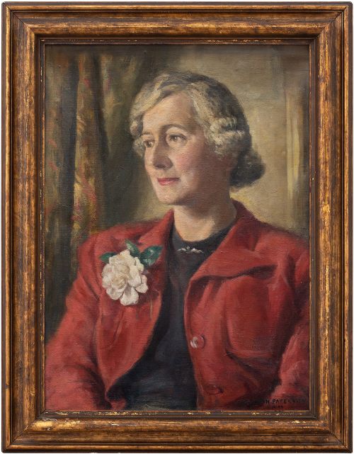Hamish Paterson, Portrait of a Lady with a Red Coat, 1940s Vintage Oil Painting
