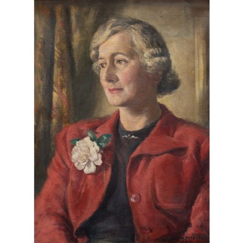 fig 1. Hamish Paterson, Portrait Of A Lady With A Red Coat, 1940s Vintage Oil Painting