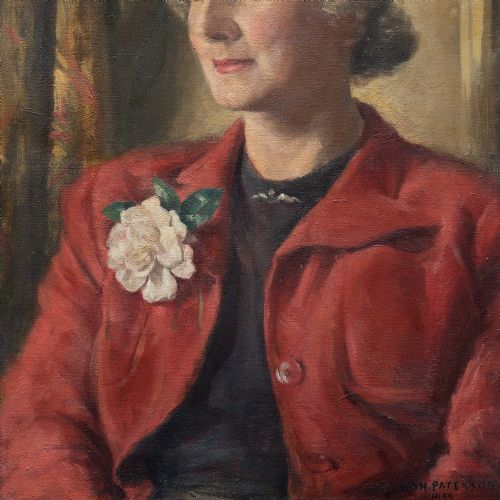 fig 3. Hamish Paterson, Portrait Of A Lady With A Red Coat, 1940s Vintage Oil Painting