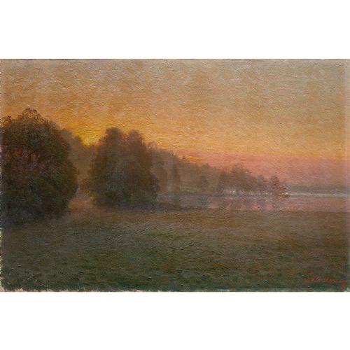 fig 1. Anders Wahlgren, Evening Landscape With Sunset, 19th Century Oil Painting
