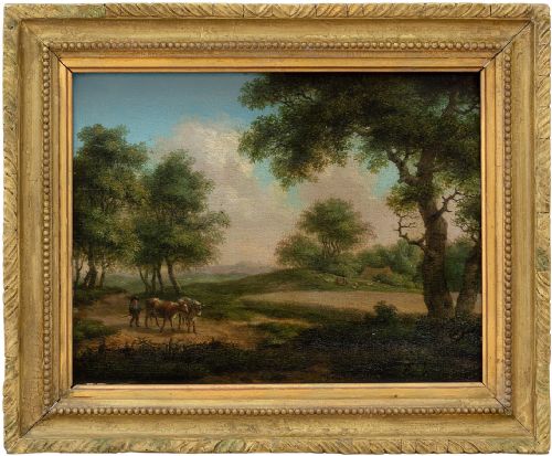 19th-century Rural Landscape with Cattle, Antique Oil Painting