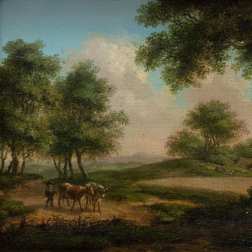 fig 1. 19th-Century Rural Landscape With Cattle, Antique Oil Painting
