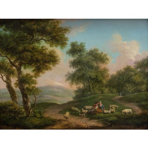 fig 1. 19th-Century Pastoral Scene With Courting Couple, Antique Oil Painting