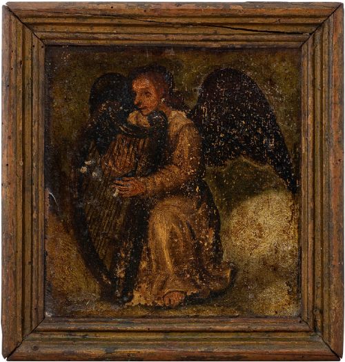 17th-century Spanish School Angel with Harp, Antique Oil Painting