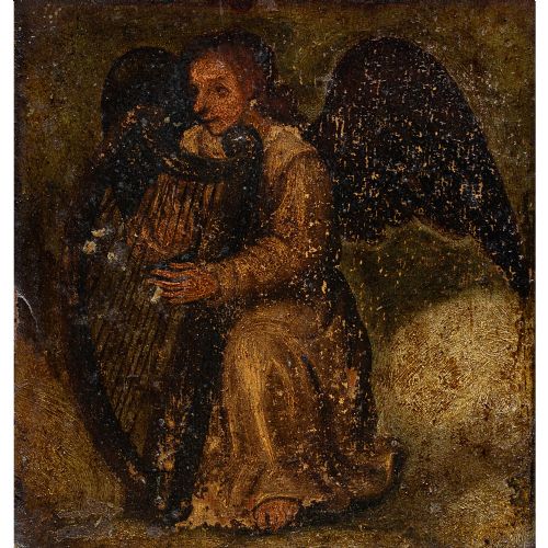 fig 1. 17th-Century Spanish School Angel With Harp, Antique Oil Painting