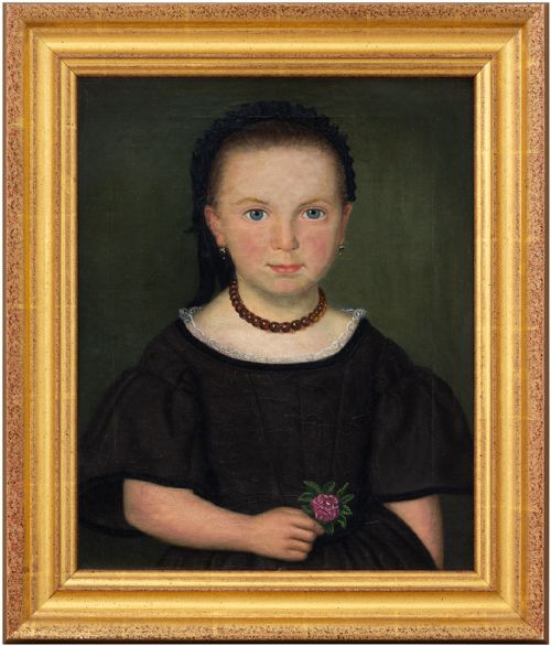 19th-century Portrait of a Girl with a Flower, Antique Oil Painting