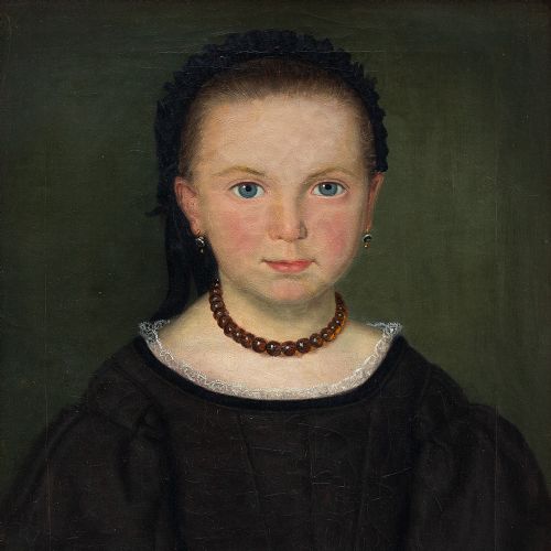 fig 1. 19th-Century Portrait Of A Girl With A Flower, Antique Oil Painting