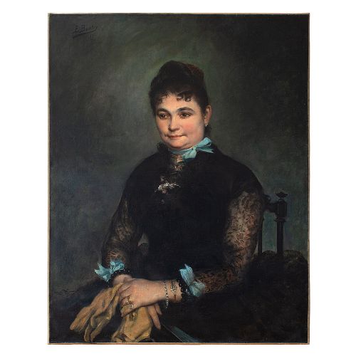 Edgar Boutry, Portrait of a Lady with Blue Ribbons, Early 20th-century Oil Painting