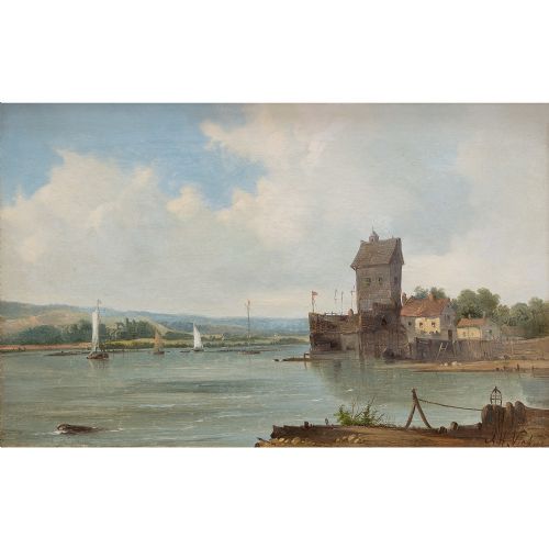 fig 1. Alfred H Vickers, River Landscape With Coastal Buildings, 19th Century Oil Painting