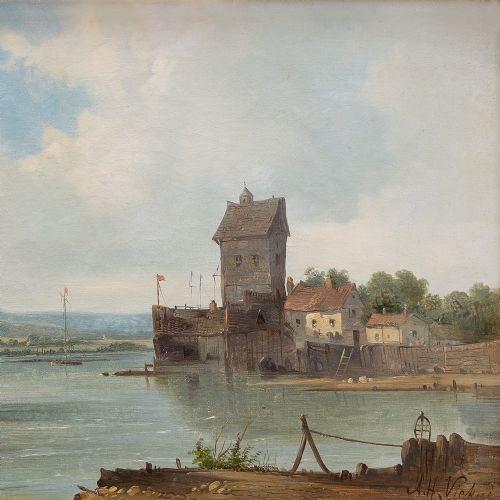 fig 2. Alfred H Vickers, River Landscape With Coastal Buildings, 19th Century Oil Painting
