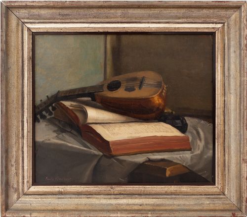 Emile Bussier, Still Life with Mandolin & Book, Antique Oil Painting