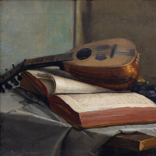 fig 1. Emile Bussier, Still Life With Mandolin & Book, Antique Oil Painting