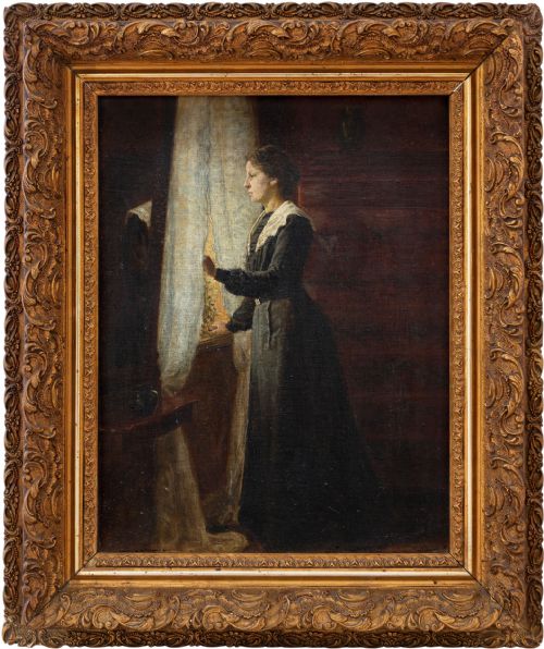 Valdemar Maegaard, Interior Scene with Woman by Window, 19th Century Oil Painting