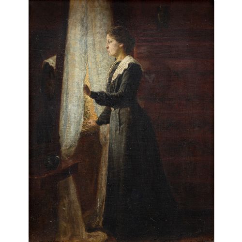 fig 1. Valdemar Maegaard, Interior Scene With Woman By Window, 19th Century Oil Painting