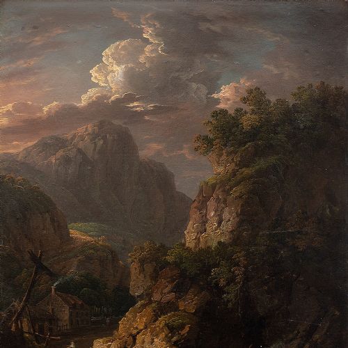 fig 1. Thomas Barker Of Bath, Dark Mountainous Landscape With Figures, 19th Century Oil Painting