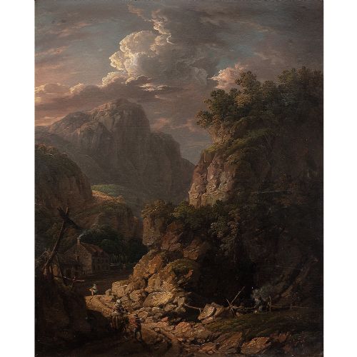 fig 2. Thomas Barker Of Bath, Dark Mountainous Landscape With Figures, 19th Century Oil Painting
