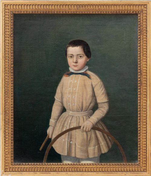 19th-century French School Provincial Portrait of a Boy with a Hoop, Antique Folk Art