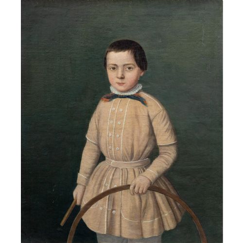 fig 1. 19th-Century French School Provincial Portrait Of A Boy With A Hoop, Antique Folk Art