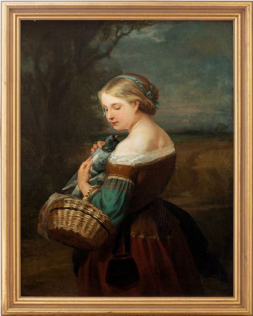 Carl Wagner, Portrait of a Girl with a Pigeon, 19th-century Portrait