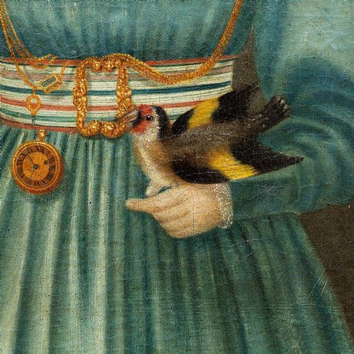 19THCENTURY PROVINCIAL PORTRAIT OF A GIRL WITH A BIRD DOG NAIVE FOLK ART PORTRAIT - ADDITIONAL PHOTO 7