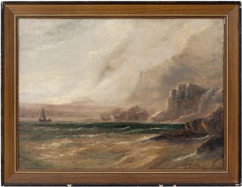 Stanley Montague, Stormy Coastal View with Sailboat, Antique Oil Painting, Scottish