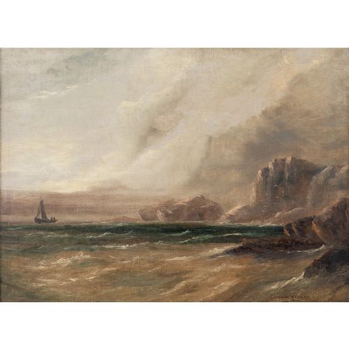 fig 1. Stanley Montague, Stormy Coastal View With Sailboat, Antique Oil Painting, Scottish