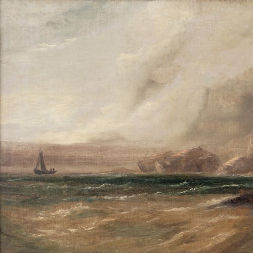 fig 2. Stanley Montague, Stormy Coastal View With Sailboat, Antique Oil Painting, Scottish