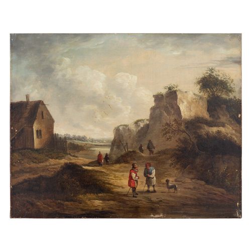 19th-century Dutch School Landscape with Villagers, Oil on Canvas, Antique Oil Painting