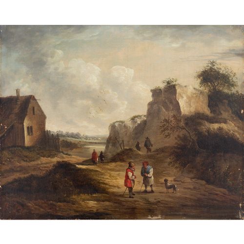 fig 1. 19th-Century Dutch School Landscape With Villagers, Oil On Canvas, Antique Oil Painting