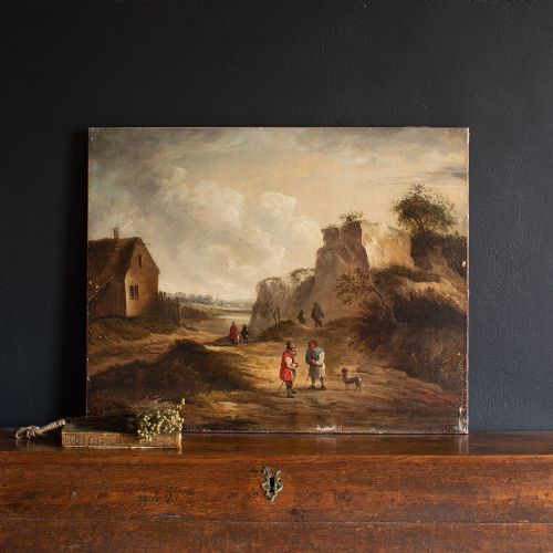 fig 2. 19th-Century Dutch School Landscape With Villagers, Oil On Canvas, Antique Oil Painting
