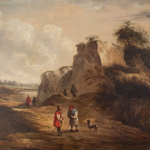 fig 3. 19th-Century Dutch School Landscape With Villagers, Oil On Canvas, Antique Oil Painting
