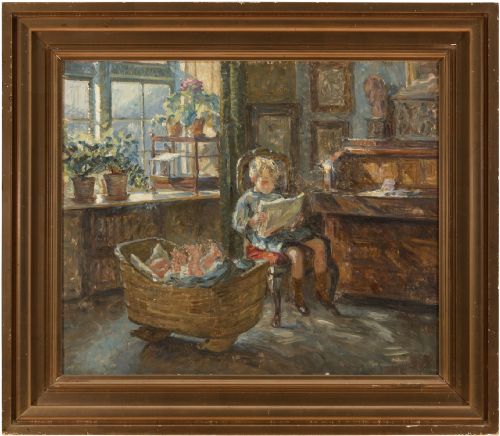 Sigurd Wandel, Interior Scene with Young Siblings, Oil Painting