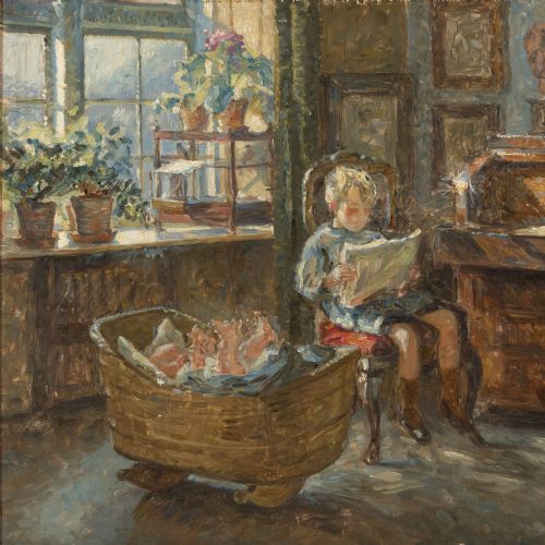 fig 1. Sigurd Wandel, Interior Scene With Young Siblings, Oil Painting