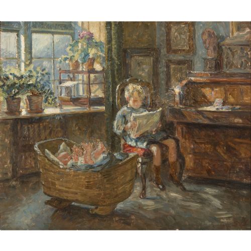 fig 2. Sigurd Wandel, Interior Scene With Young Siblings, Oil Painting