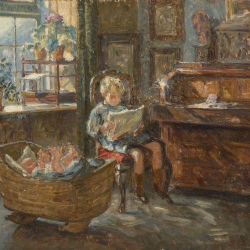 fig 3. Sigurd Wandel, Interior Scene With Young Siblings, Oil Painting