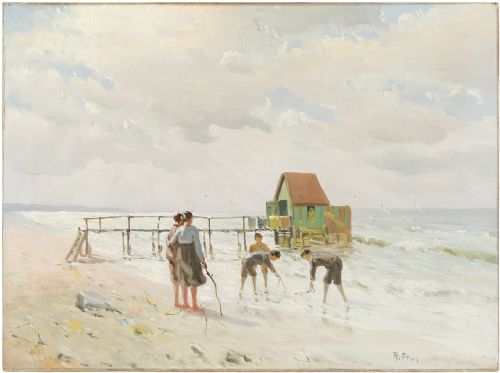 Mark Osman Curtis, Coastal Scene with Family, Antique Oil Painting