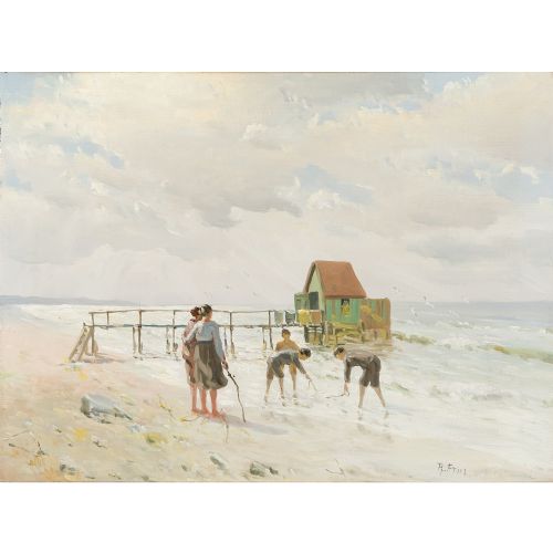 fig 1. Mark Osman Curtis, Coastal Scene With Family, Antique Oil Painting