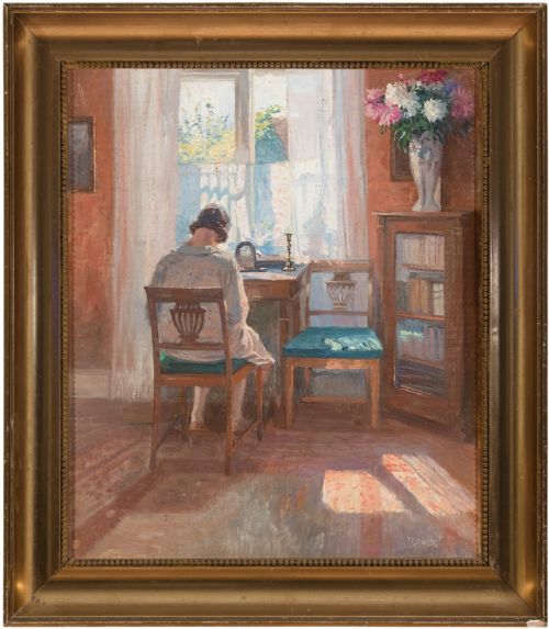 Robert Panitzsch, Sunlit Interior with Seated Woman, Vintage Oil Painting
