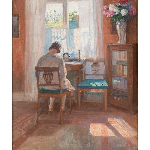 fig 1. Robert Panitzsch, Sunlit Interior With Seated Woman, Vintage Oil Painting