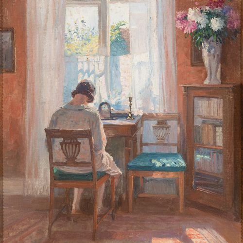 fig 3. Robert Panitzsch, Sunlit Interior With Seated Woman, Vintage Oil Painting