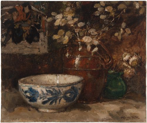 Alfred Van Neste, Still Life with Vase & Bowl, Vintage Oil Painting