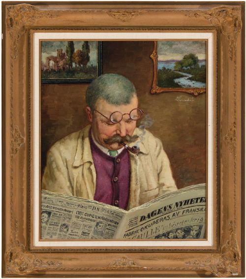 Béla Adalbert Hradil, Portrait of a Man Reading a Newspaper, 1940s Oil Painting